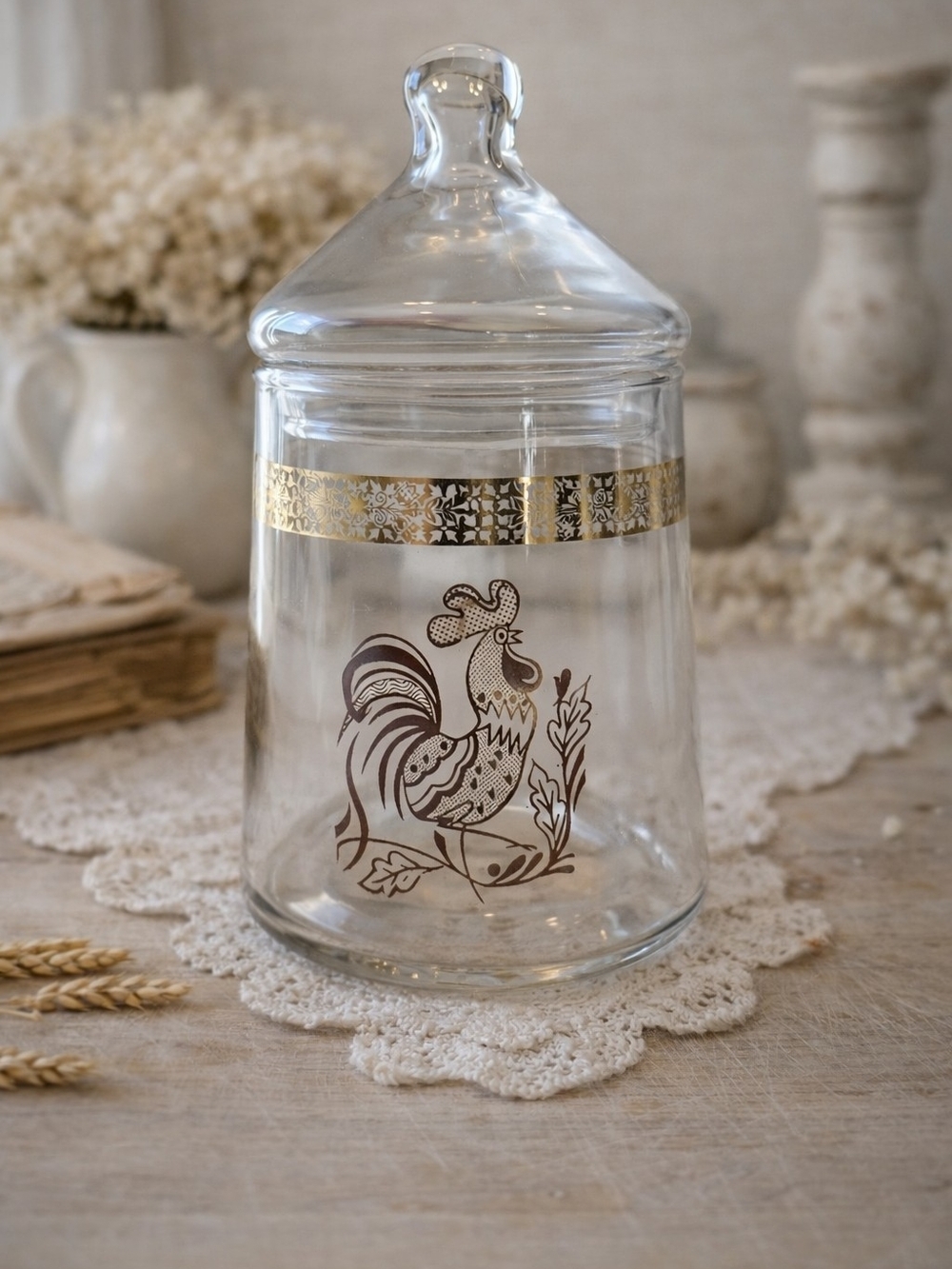Glass Apothecary Jar with Rooster Motif and Gold Band